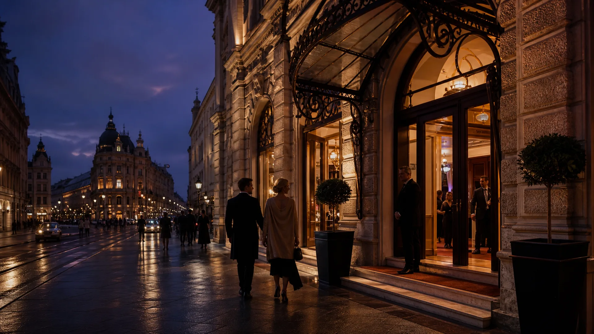 Redaktionell erzeugte Wiener Abendszene mit erwachsenen Gästen vor einem eleganten Eingang