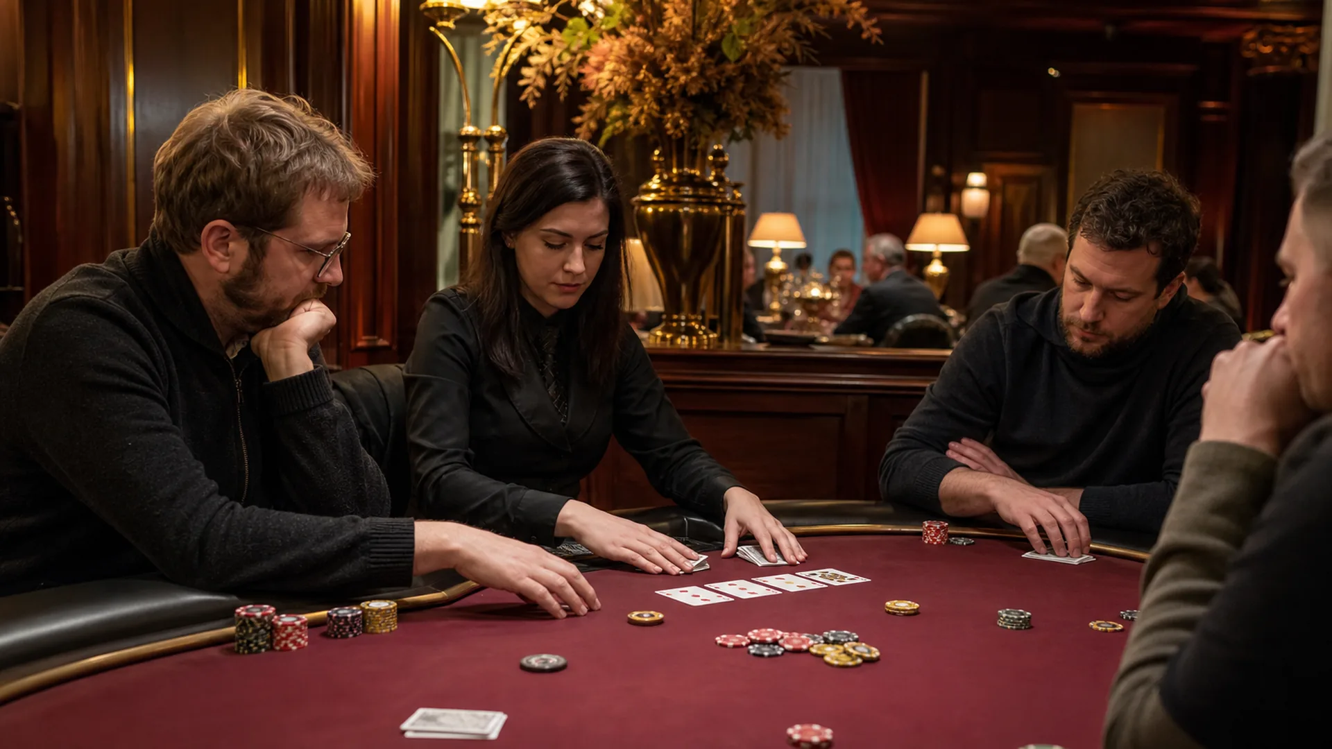 Redaktionell erzeugte Szene eines physischen Pokerraums mit erwachsenen Gästen